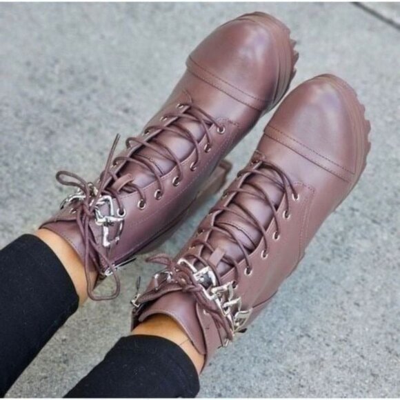 Women's Platform Heel Boots Chunky Ankle Lace Up Mocha Color - Picture 3 of 5